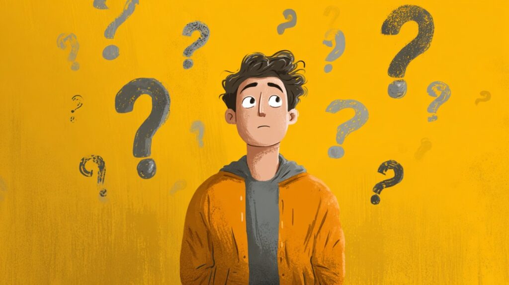 Illustration of a person looking puzzled, surrounded by large question marks, symbolizing the importance of asking questions when reviewing insurance options