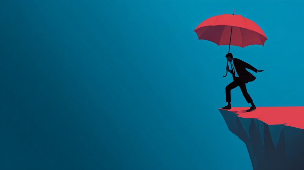 Illustration of a businessman with a red umbrella stepping cautiously to the edge of a cliff, symbolizing risk and protection