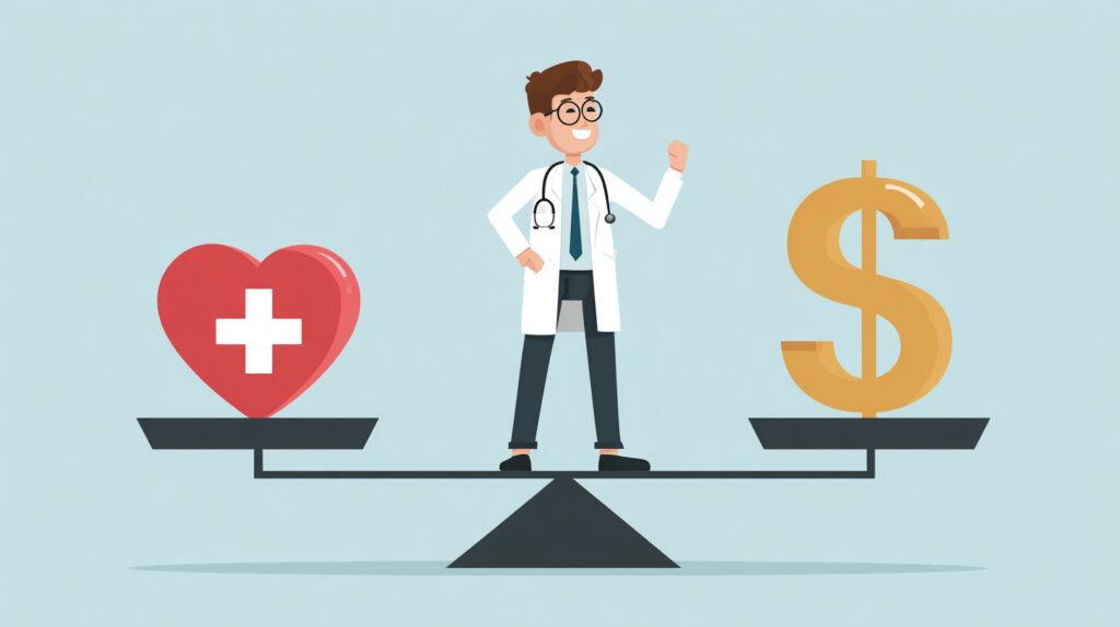 Cartoon doctor standing on a seesaw balancing a red heart with a medical cross on one side and a gold dollar sign on the other, representing the trade-off between healthcare coverage and cost