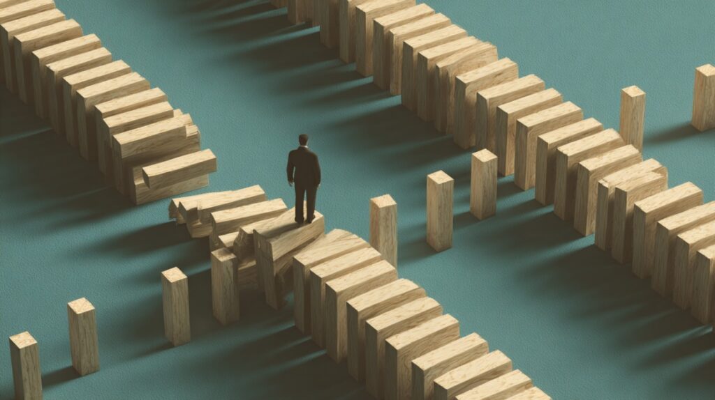 Conceptual image of a man standing on fallen dominoes, symbolizing breaking the chain of risk events