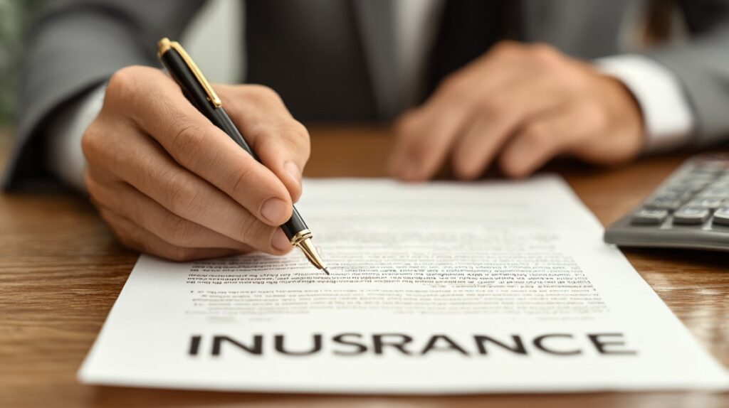 Close-up of a person in a suit signing an insurance document with a pen, symbolizing the importance of preparing for worst-case scenarios when choosing insurance