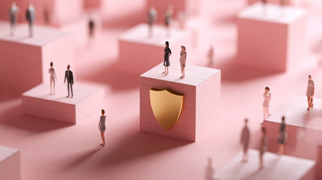 Miniature people standing on wooden blocks, one with a golden shield symbolizing insurance protection