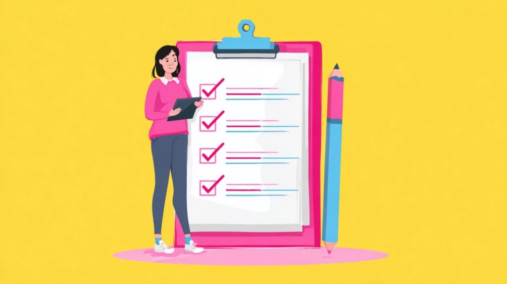 Illustration of a woman holding a tablet in front of a large clipboard checklist, symbolizing reviewing insurance policy options