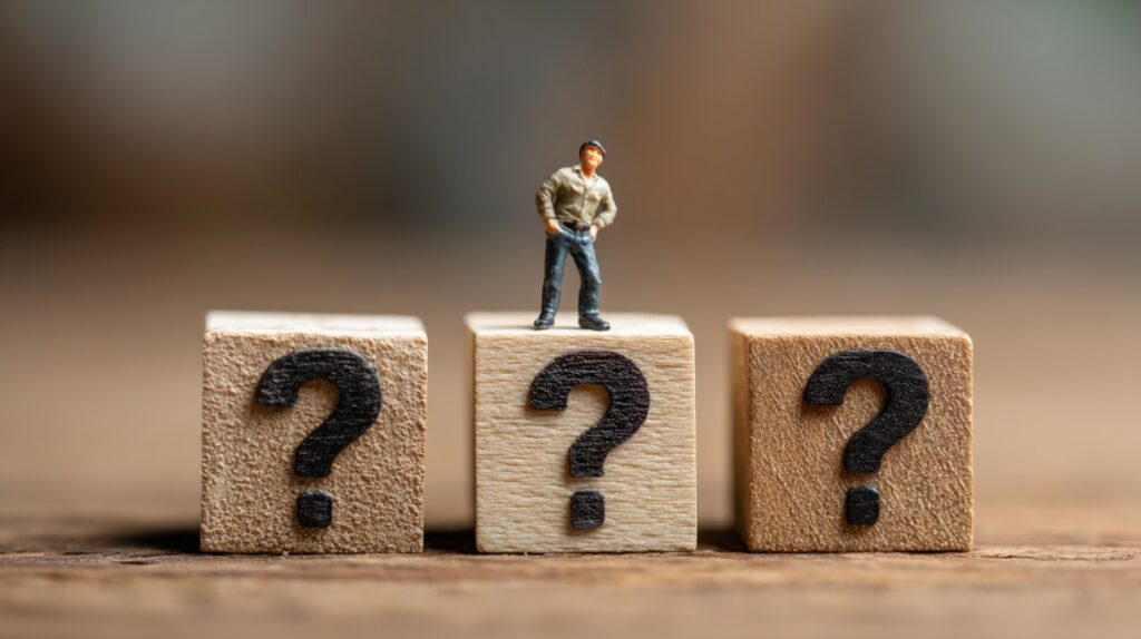 Miniature figurine of a man standing on wooden blocks, each with a large black question mark, representing uncertainty and decision-making